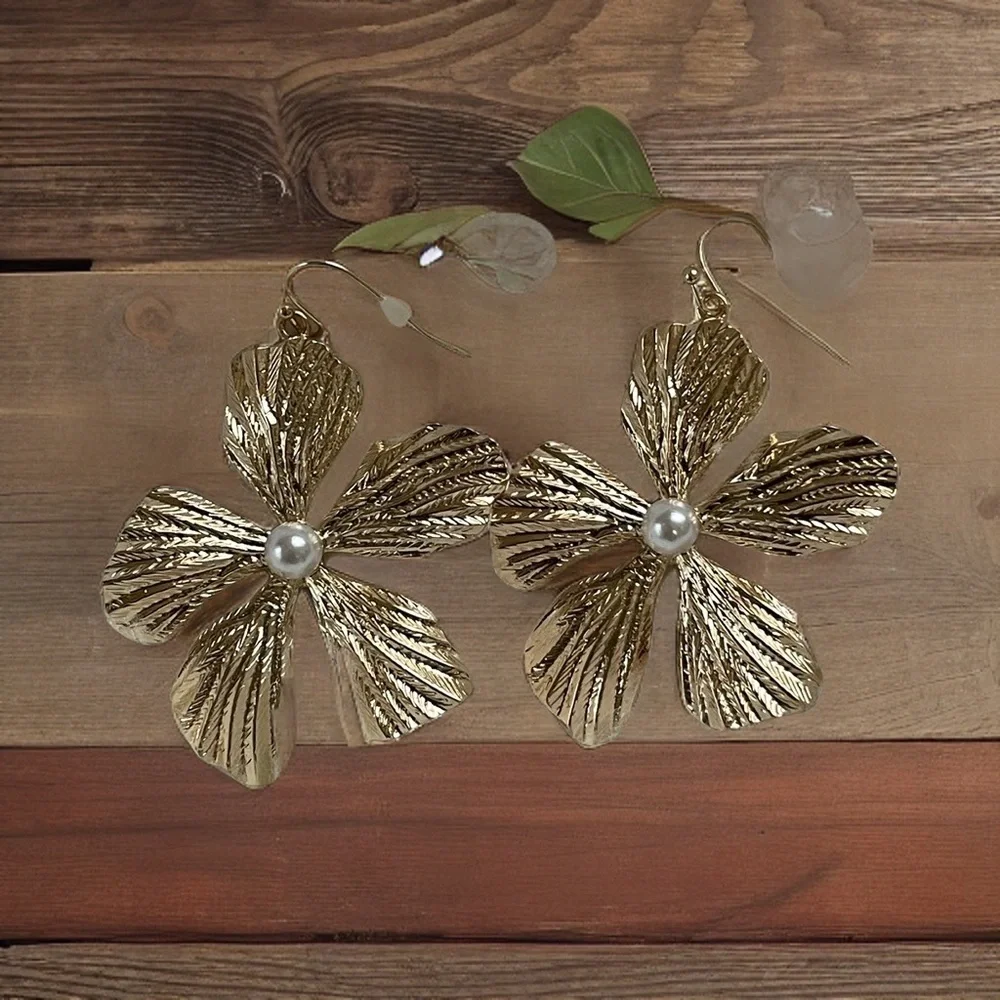 Goldtone Floral Faux Pearl Earrings | Classic Elegance Quiet Luxury - Picture 14 of 15